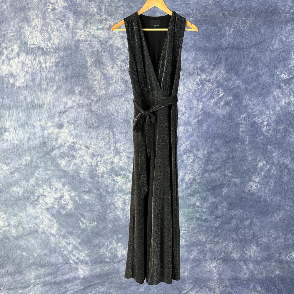 Greylin Black & Silver Metallic Sleeveless Deep V Jumpsuit Sz S